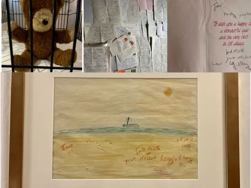 Interesting Collection of Reggie Kray Memorabilia including Correspondence, a Painting and a Teddy Bear