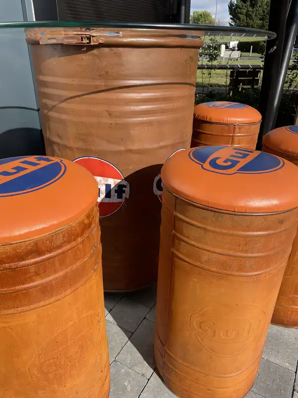 Gulf-Themed Oil Drum Table and Seat Set-Sold