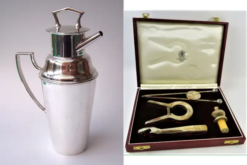 A Superb Art Deco Silver Plated Asprey Cocktail Shaker and Silver Plated Asprey Cocktail Bar Set