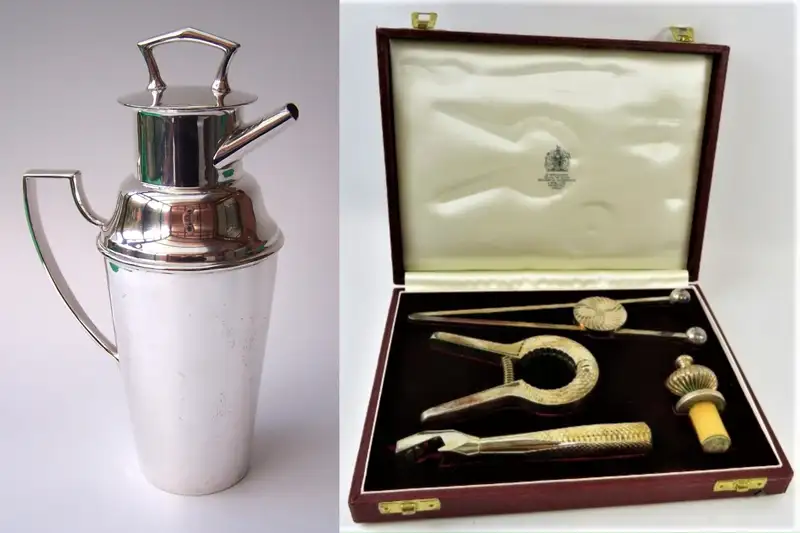 A Superb Art Deco Silver Plated Asprey Cocktail Shaker and Silver Plated Asprey Cocktail Bar Set