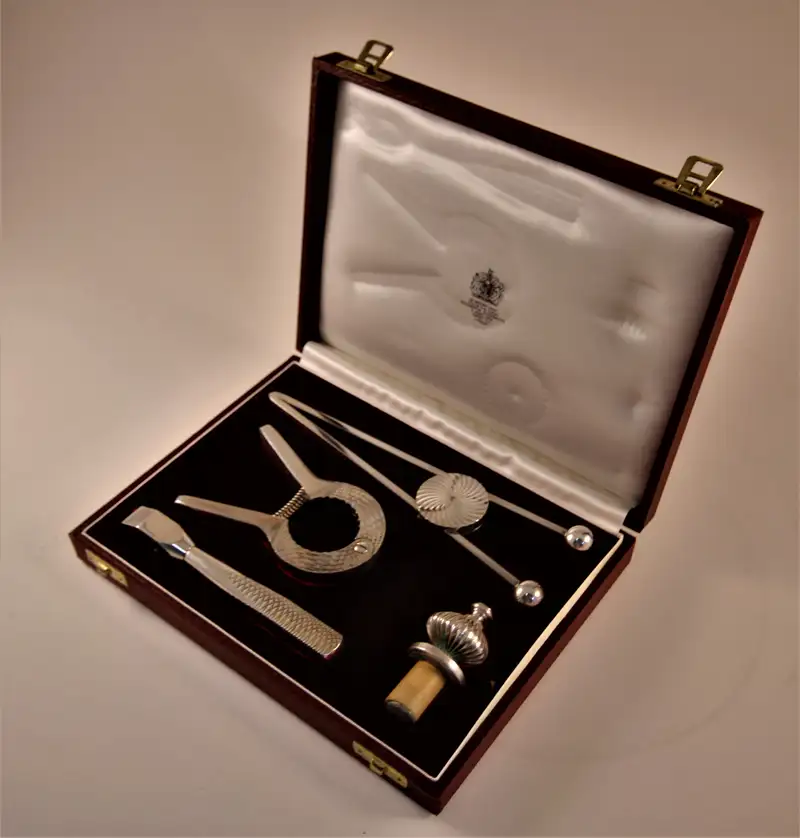 A Superb Art Deco Silver Plated Asprey Cocktail Shaker and Silver Plated Asprey Cocktail Bar Set