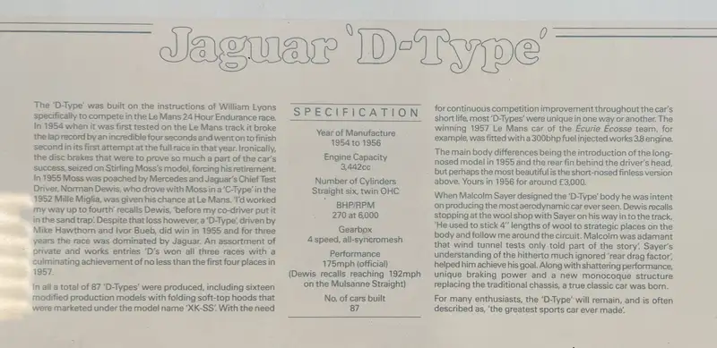 Jaguar Le Mans D-Type Hand-Signed by Stirling Moss and Norma-For Sale