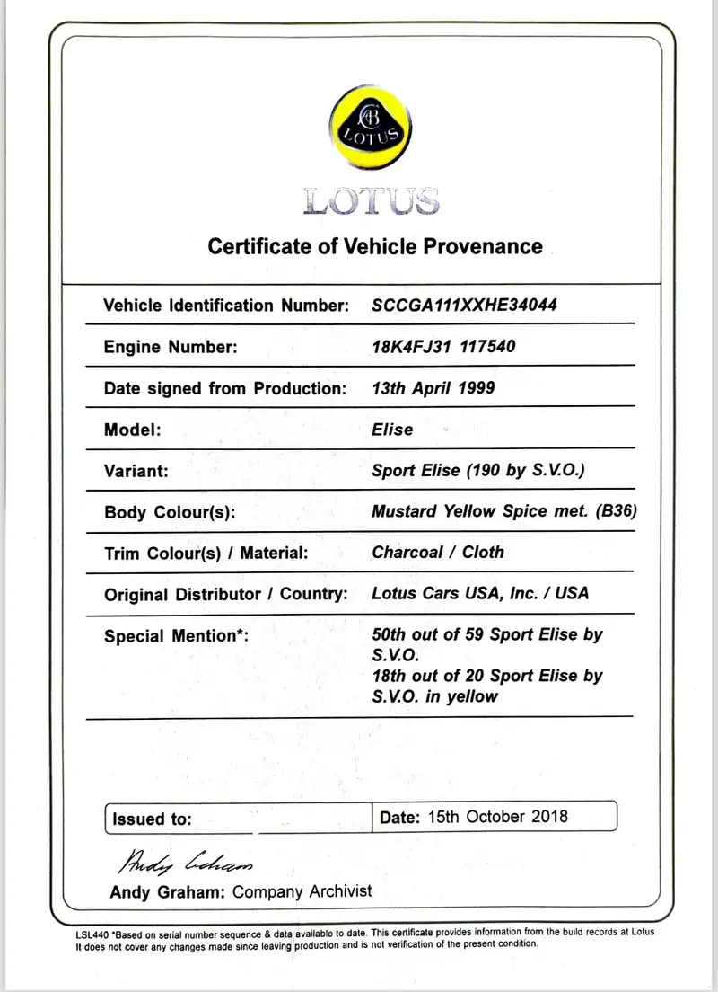 1998 Lotus Elise Sport 190-Sold