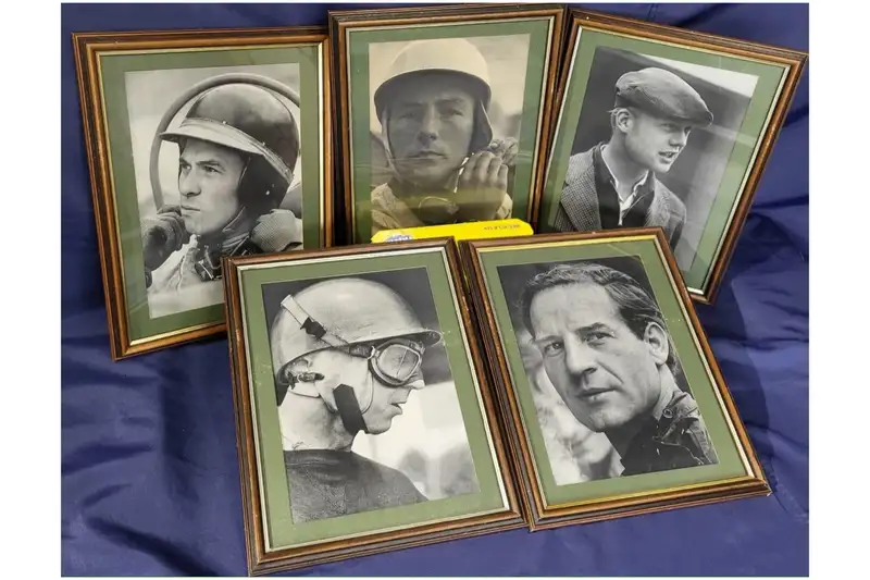 Five 1950s and 1960s Motor Racing Greats, Mounted, Framed an-Sold