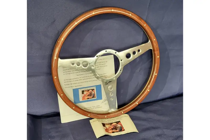 Sir Stirling Moss. Signed Wood-Rim 3-Spoke Alloy Steering Wh-Sold