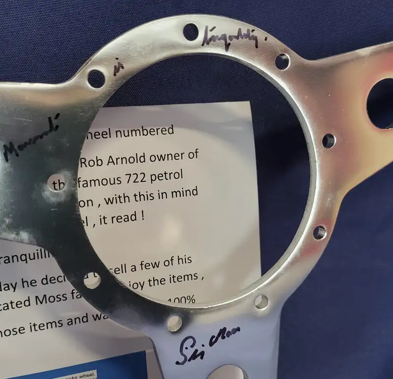 Sir Stirling Moss. Signed Wood-Rim 3-Spoke Alloy Steering Wh-Sold