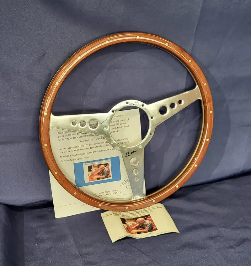 Sir Stirling Moss. Signed Wood-Rim 3-Spoke Alloy Steering Wh-Sold