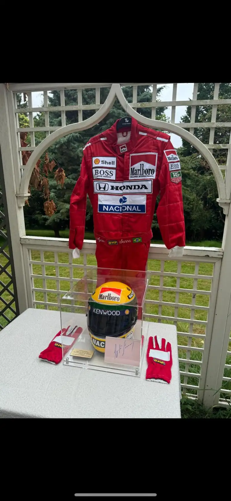 Ayrton Senna Replica Helmet, Gloves, Race Suit and His Signa-Sold