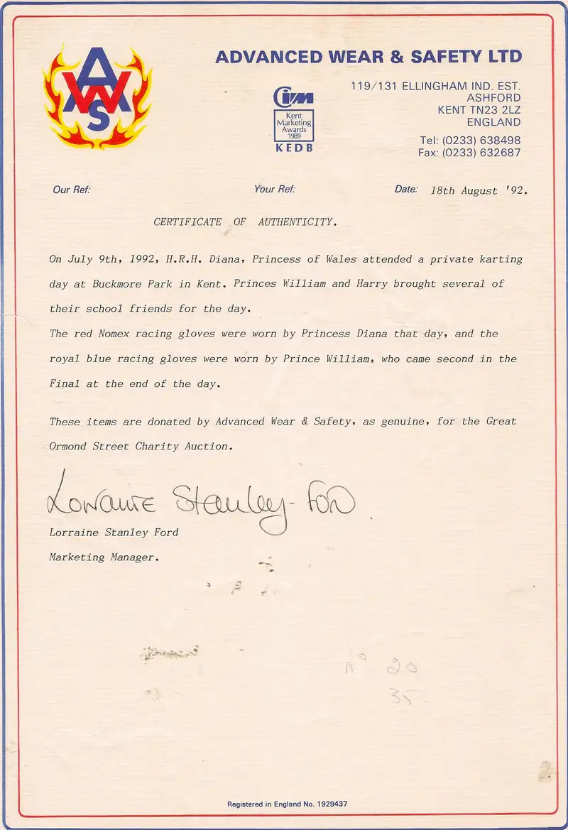 Diana, Princess of Wales Worn Nomex Racing Gloves-Sold