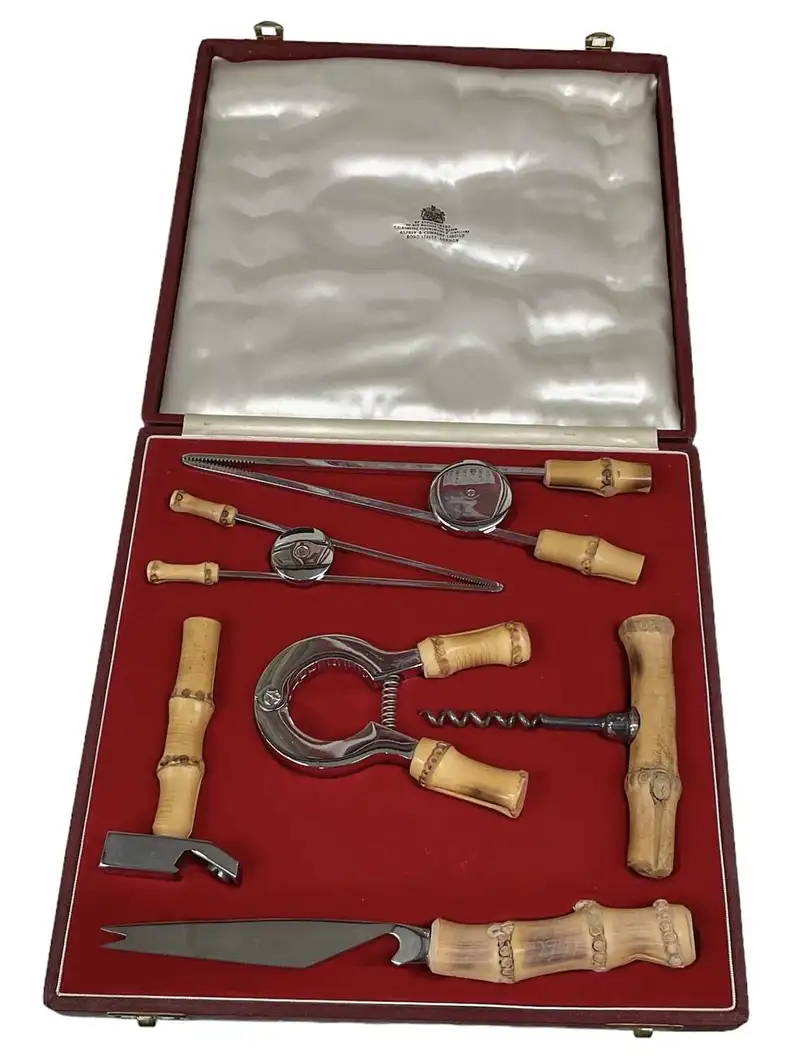 A Fine and Rare 1920s Cased Bamboo Handled Wine Set-For Sale