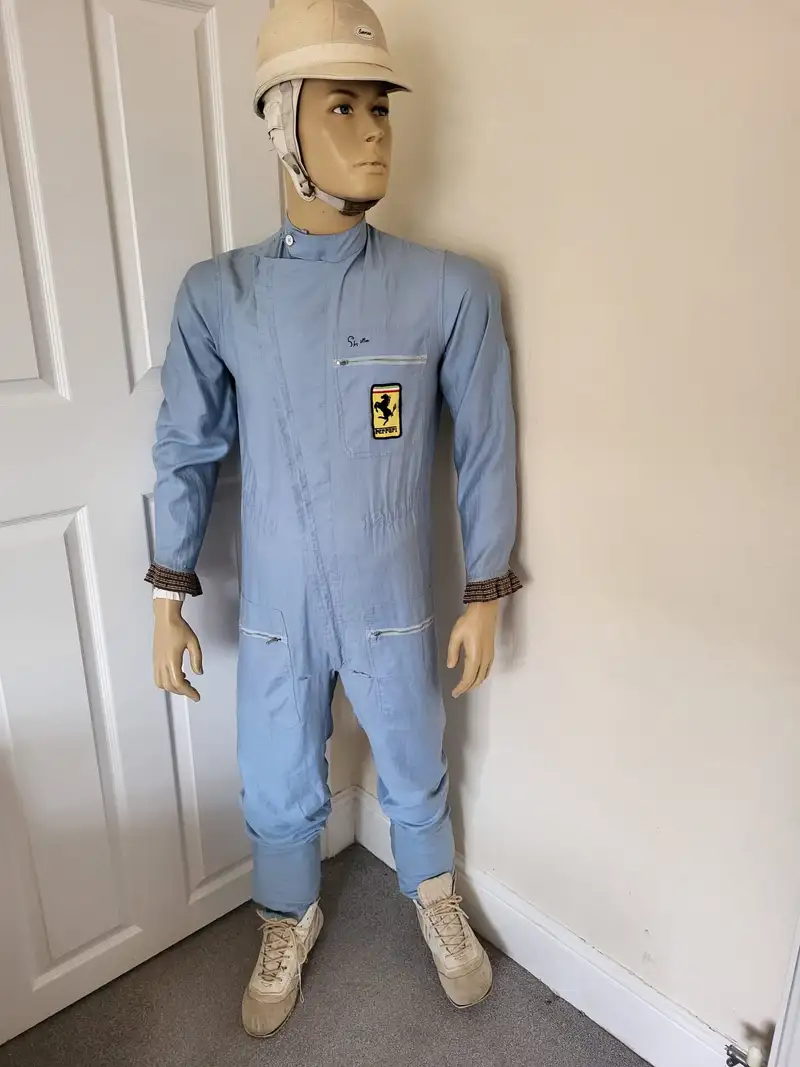 Sir Stirling Moss-Signed 'Ferrari' Race Suit and Period Helm-For Sale