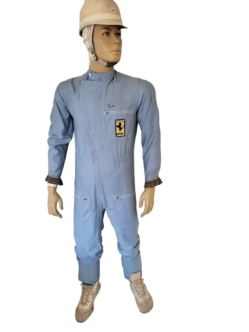 Sir Stirling Moss-Signed 'Ferrari' Race Suit and Period Helm-For Sale