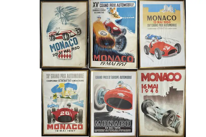 Six Substantial Monaco Grand Prix Framed and Glazed Reproduc-For Sale