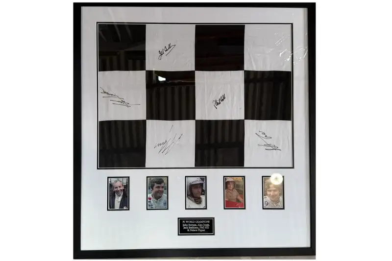 Large Framed and Glazed Chequered Flag Signed by Five Formul-For Sale
