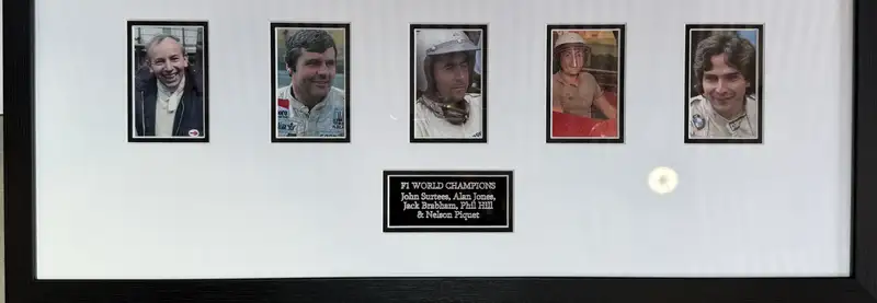 Large Framed and Glazed Chequered Flag Signed by Five Formul-For Sale