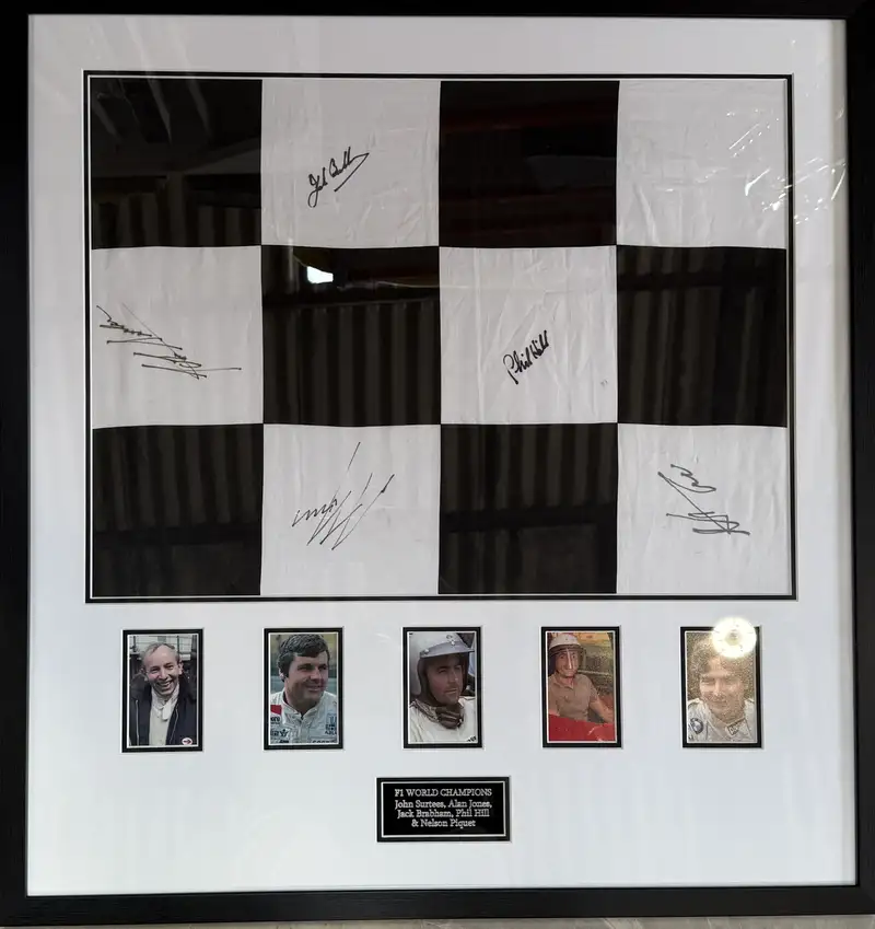 Large Framed and Glazed Chequered Flag Signed by Five Formul-For Sale