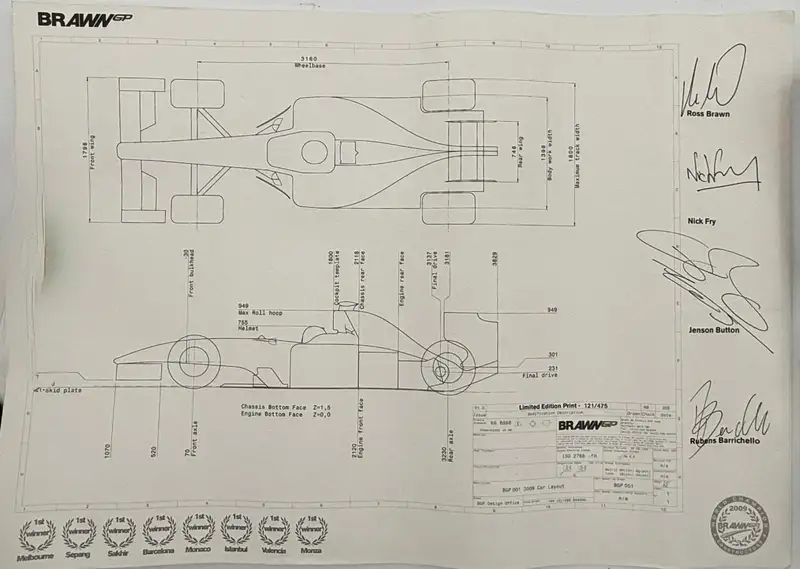 Limited Edition Brawn GP Signed Technical Drawing 121/475-For Sale
