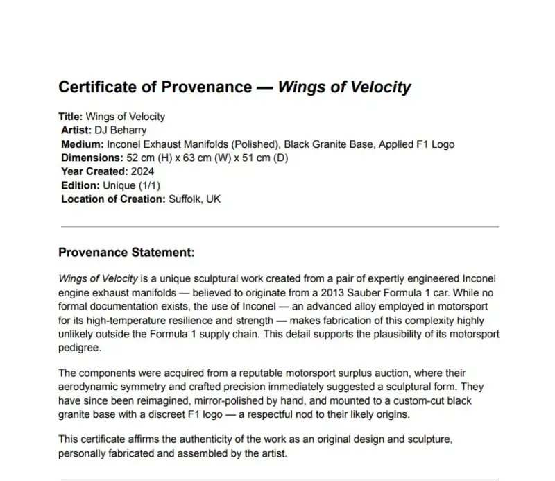 Wings of Velocity Formula 1 Exhaust Sculpture-For Sale