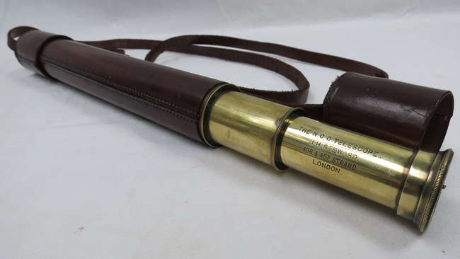 A good antique 'Three Draw' brass and leather covered Telesc-Auction Lot