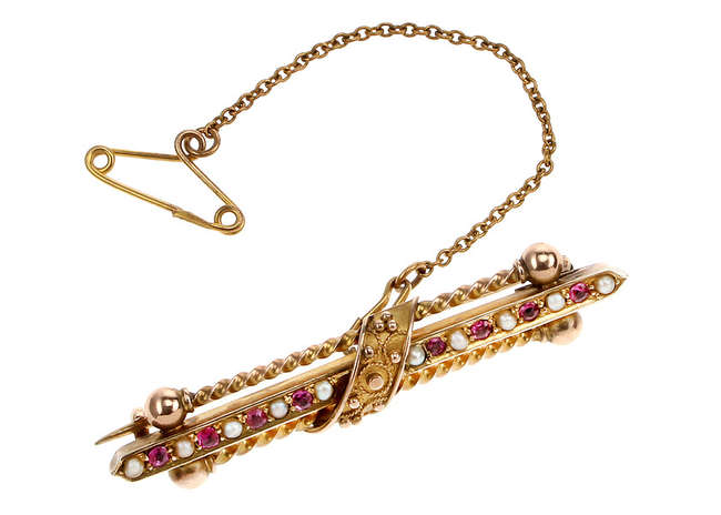 Victorian Bar Brooch set with Rubies and Seed Pearls.-Auction Lot