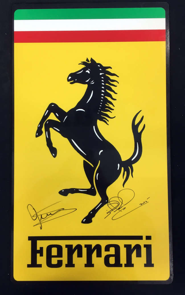 Metal garage sign, signed Mansell, Scheckter-Sold