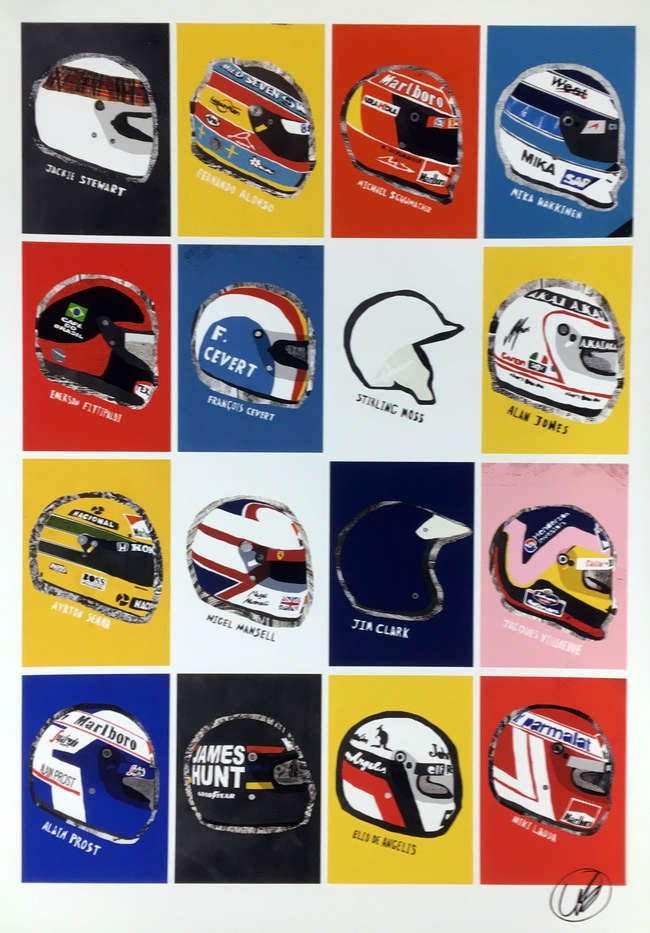 F1 Driver's Helmets and Cars silk screen posters.-Sold