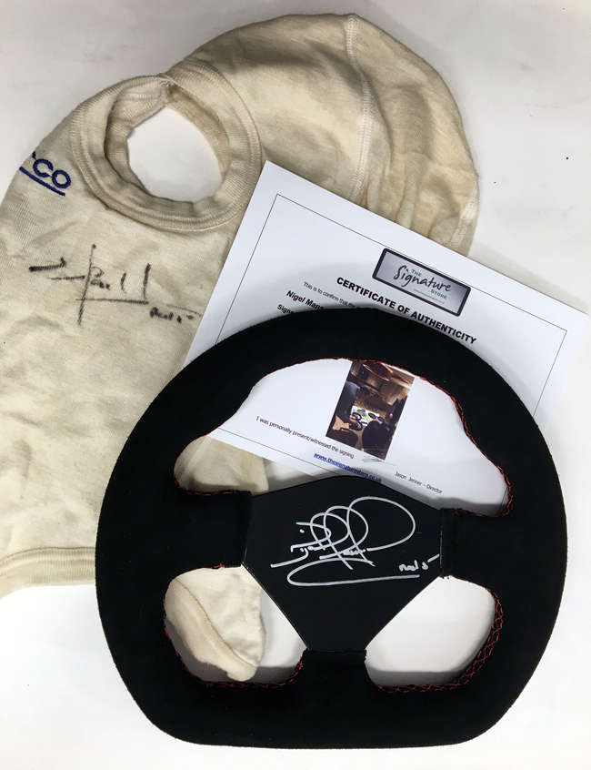 Steering Wheel & Balaclava signed by Nigel Mansell-Sold