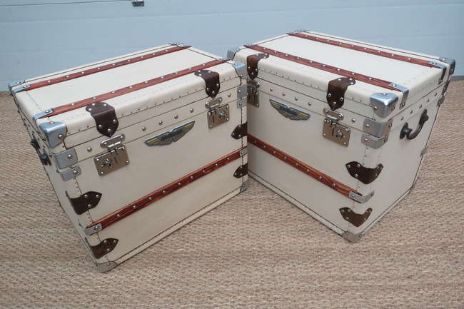 A pair of very smart, cream leather and beechwood banded tra-Sold