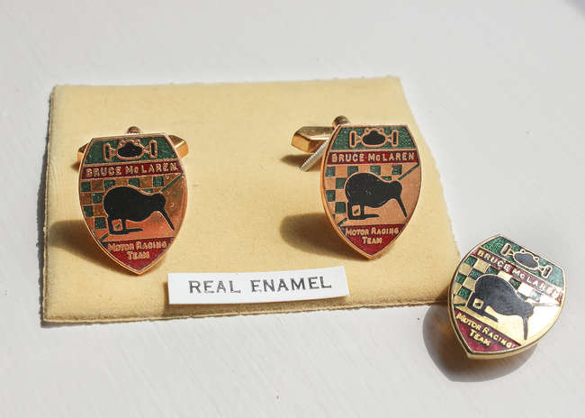 Bruce McLaren Cufflinks and Lapel Badge-Sold