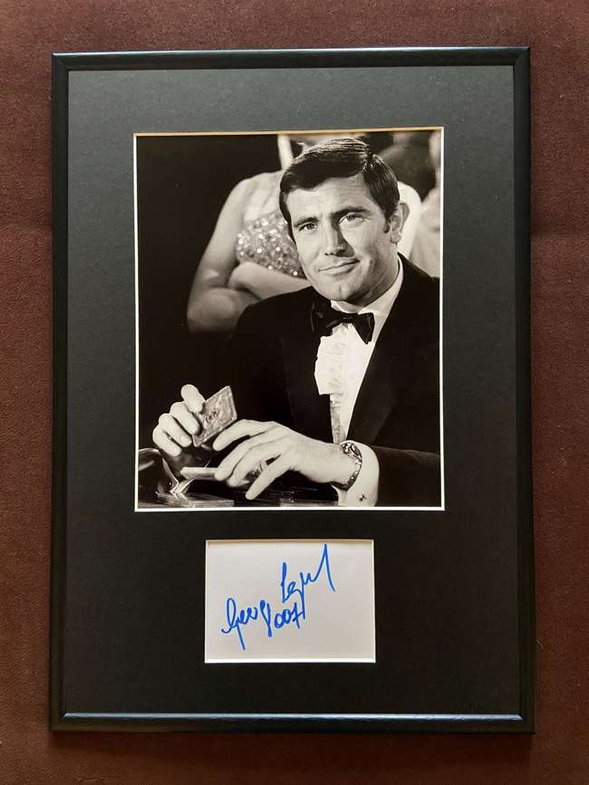 Framed Hand-Signed George Lazenby 007 and Signature on Card*-Sold