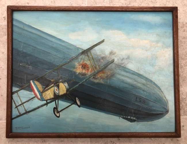 Sopwith Camel biplane attacking the WWI Zeppelin Airship L53-Sold