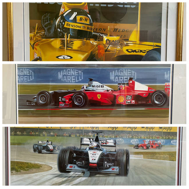 A trio of Damon Hill and David Coulthard Signed Prints -Sold