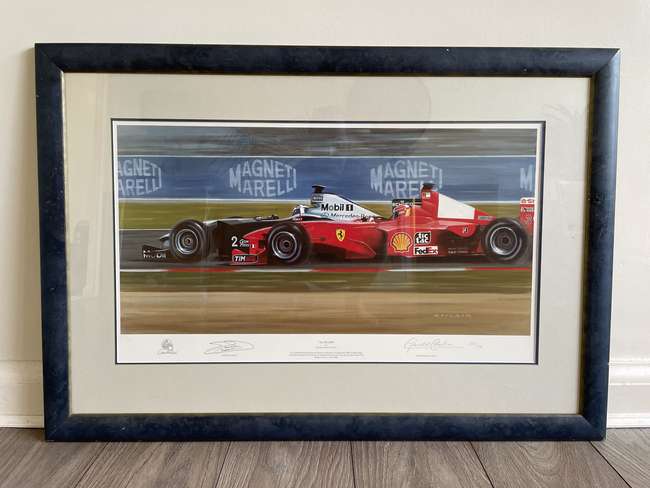 A trio of Damon Hill and David Coulthard Signed Prints -Sold