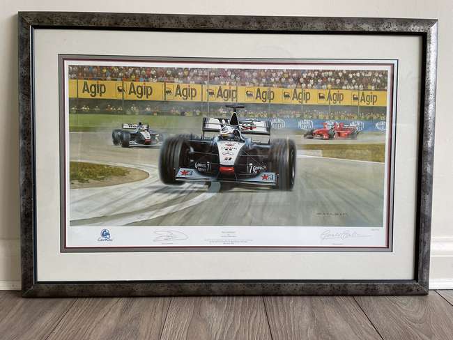 A trio of Damon Hill and David Coulthard Signed Prints -Sold