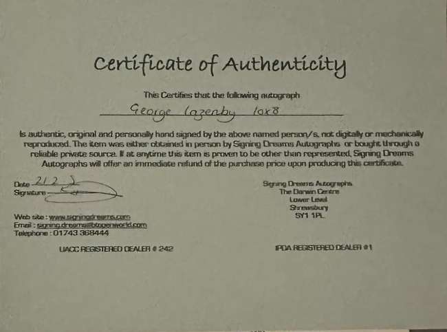 A Rare, Genuine and Hand-Signed George Lazenby 007 Autograph 