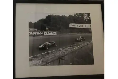 Sir Stirling Moss Signed Chasing Sir Jack Brabham Monochrome-For Sale