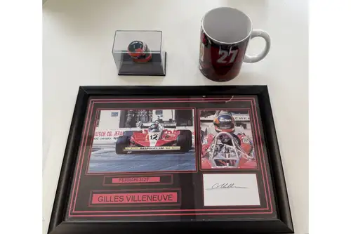 Gilles Villeneuve-Signed Composition with Tribute Mug and Mi-For Sale