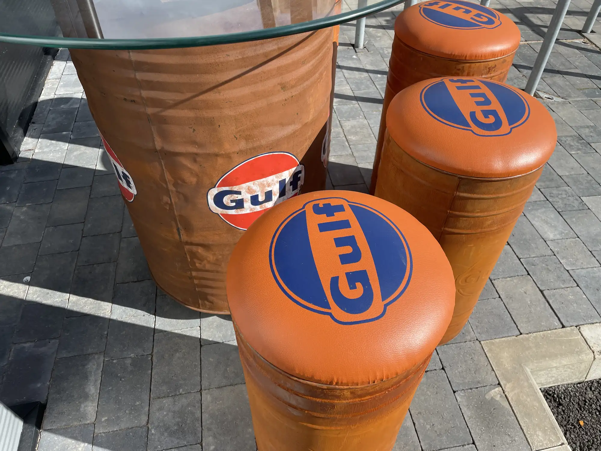 Gulf-Themed Oil Drum Table and Seat Set-Sold