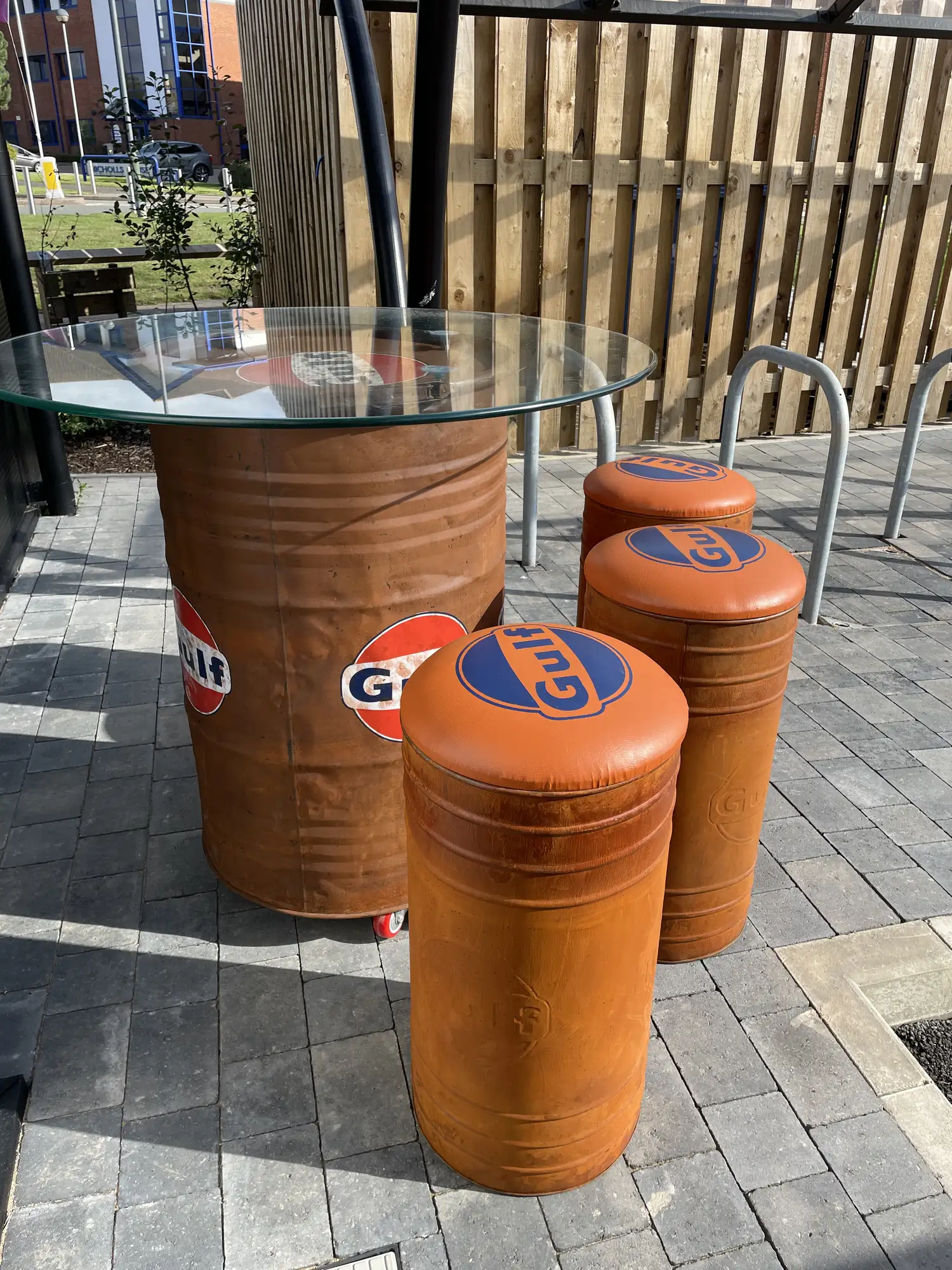 Gulf-Themed Oil Drum Table and Seat Set-Sold