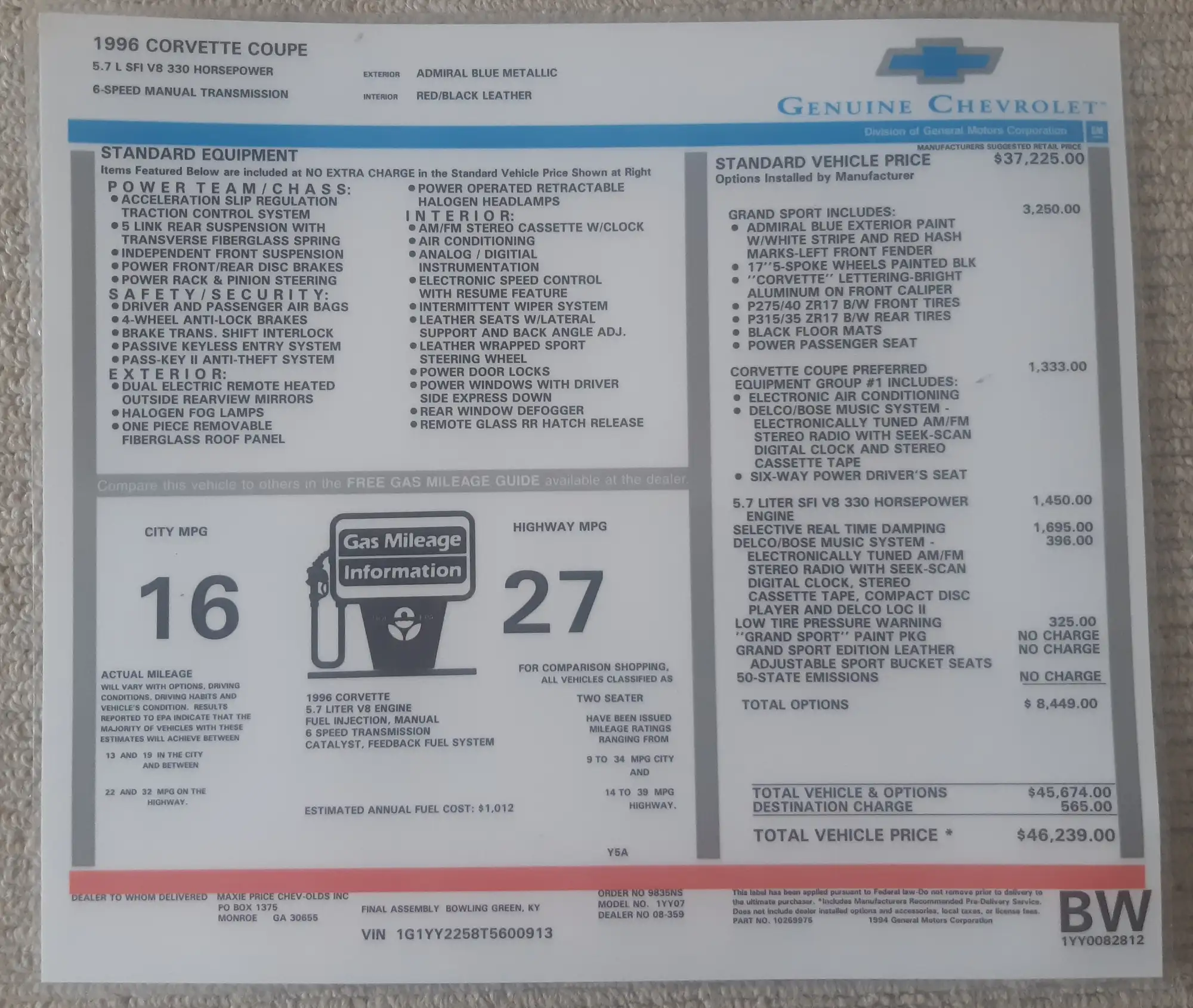 1996 Chevrolet Corvette C4 Grand Sport Coupe-Sold