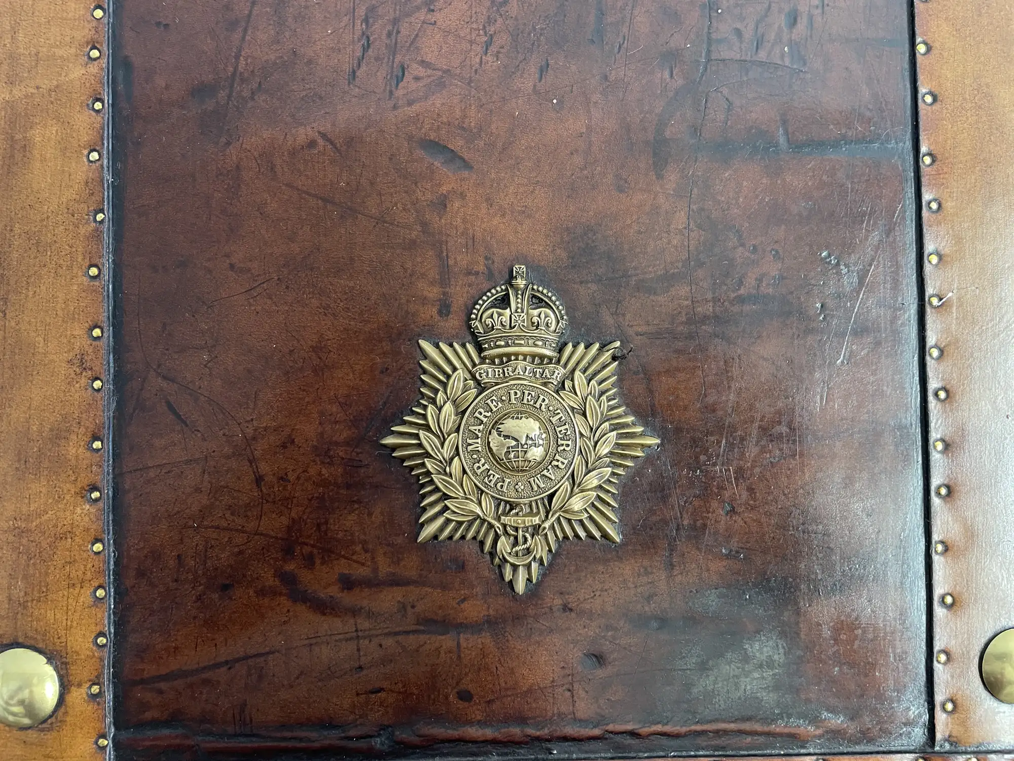 Large Leather Travel Trunk Bearing the Royal Corps of Marines and George V Coat of Arms