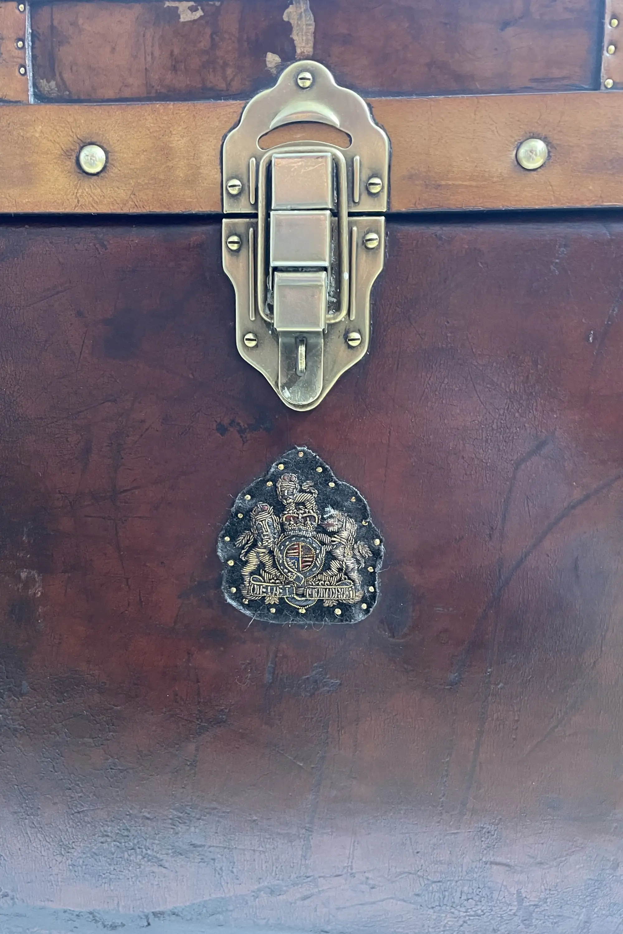 Large Leather Travel Trunk Bearing the Royal Corps of Marines and George V Coat of Arms
