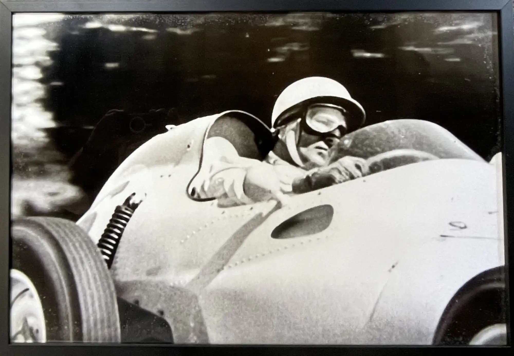 Large Black and White Signed Photo of Stirling Moss in his C-For Sale