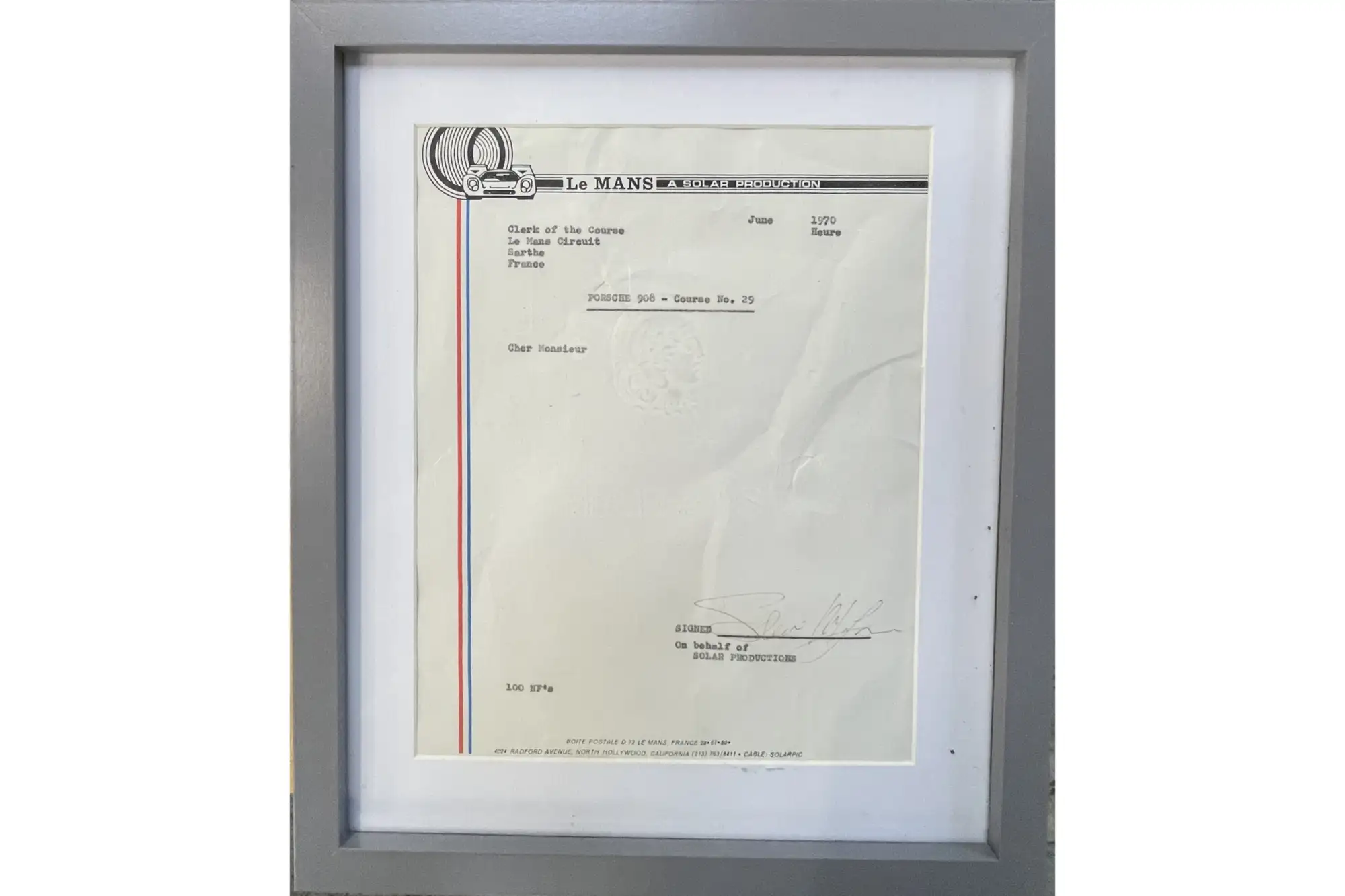 Steve McQueen Le Mans Solar Production Letter-Sold