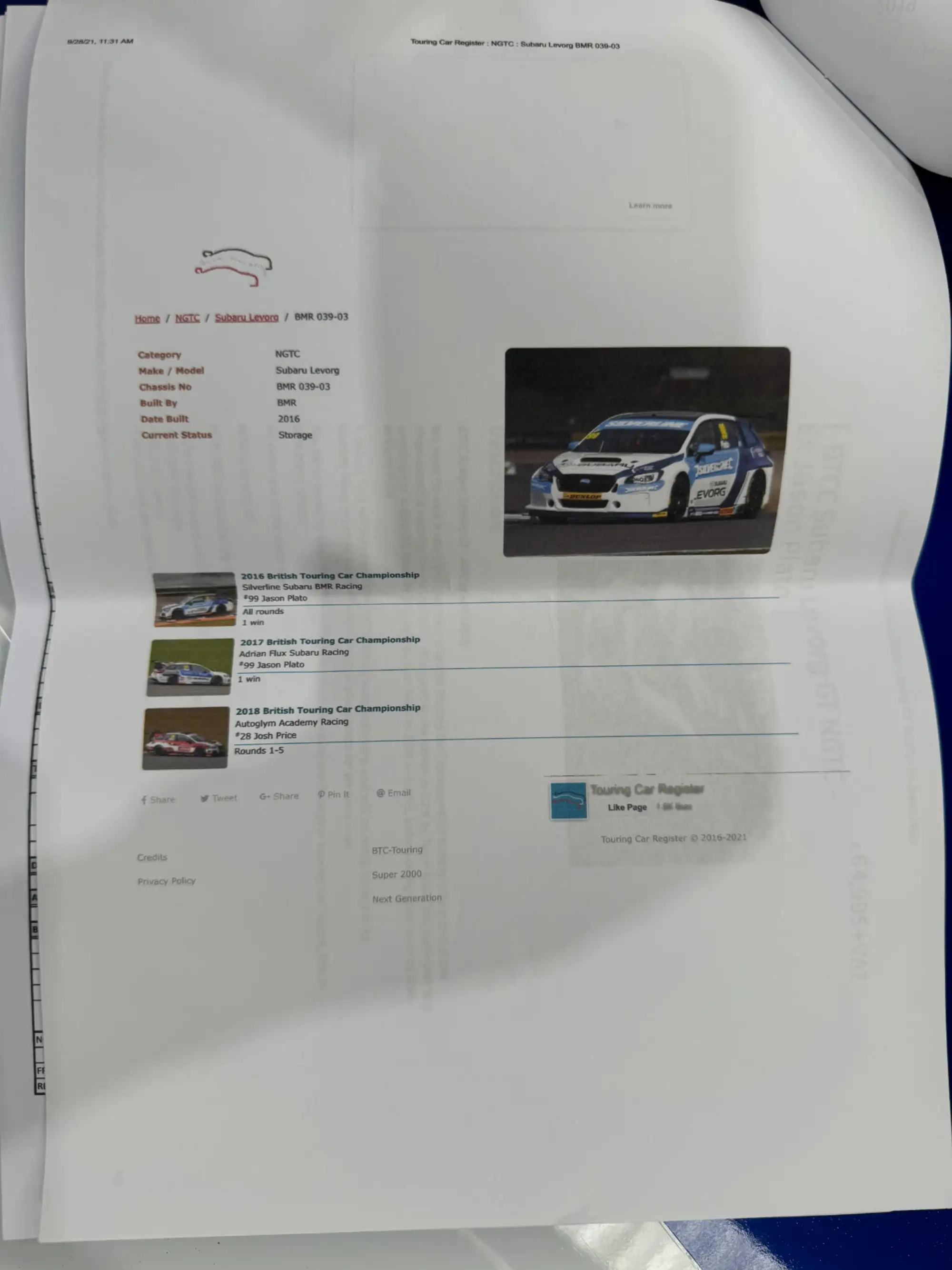 2016 Subaru Levorg GT BTCC (NGTC spec) ex-Jason Plato-For Sale