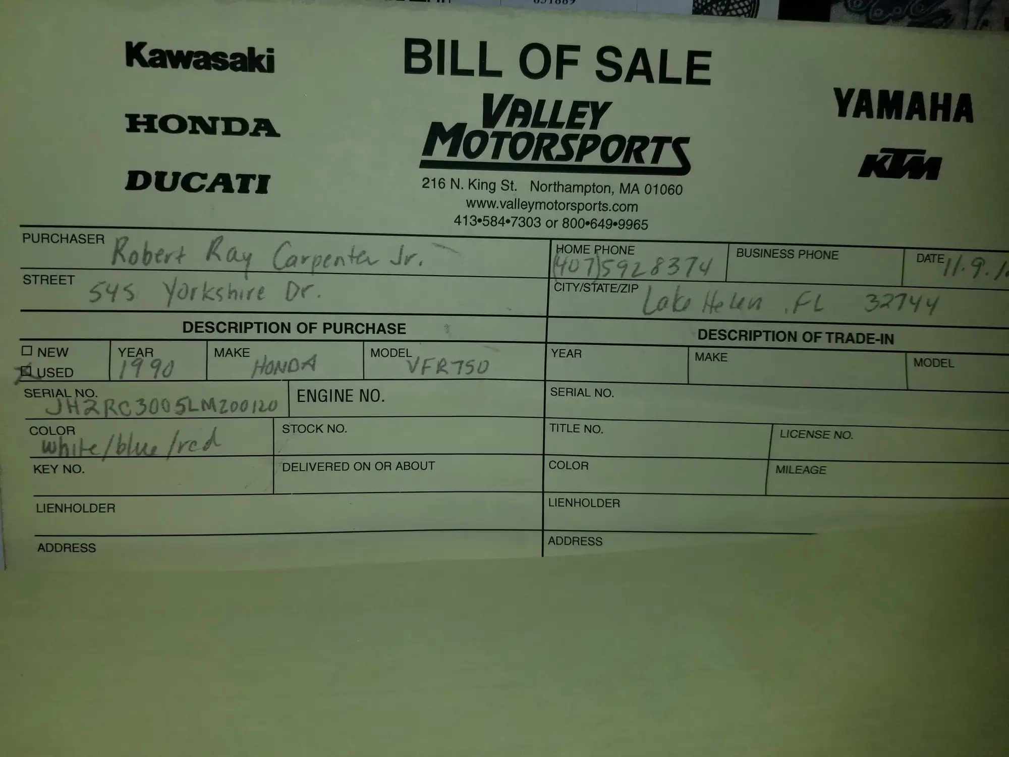 1990 Honda VFR750R Type RC30 748cc-Sold