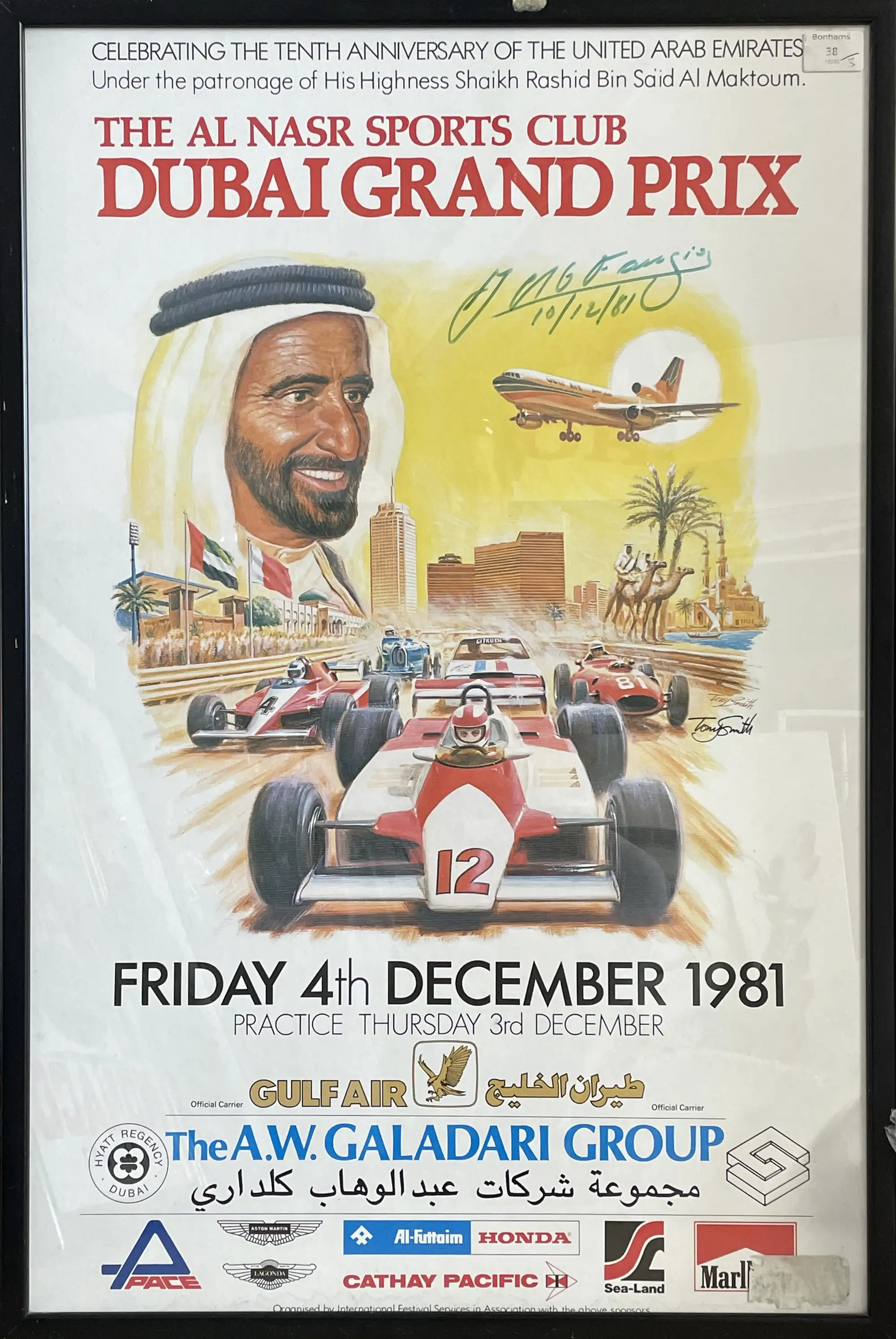Fangio-Signed 1981 Dubai Grand Prix Framed Posters Plus Phot-For Sale