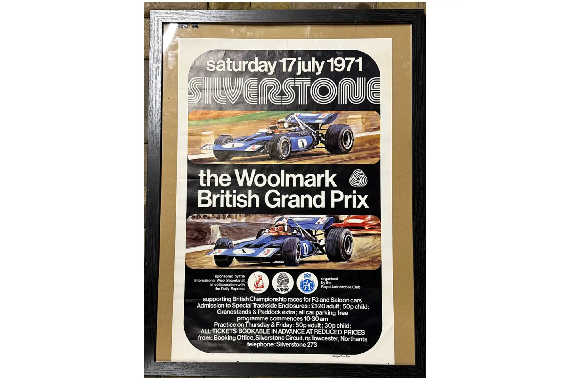 1971 Framed Silverstone F1 race event poster circa 85x65cm -For Sale