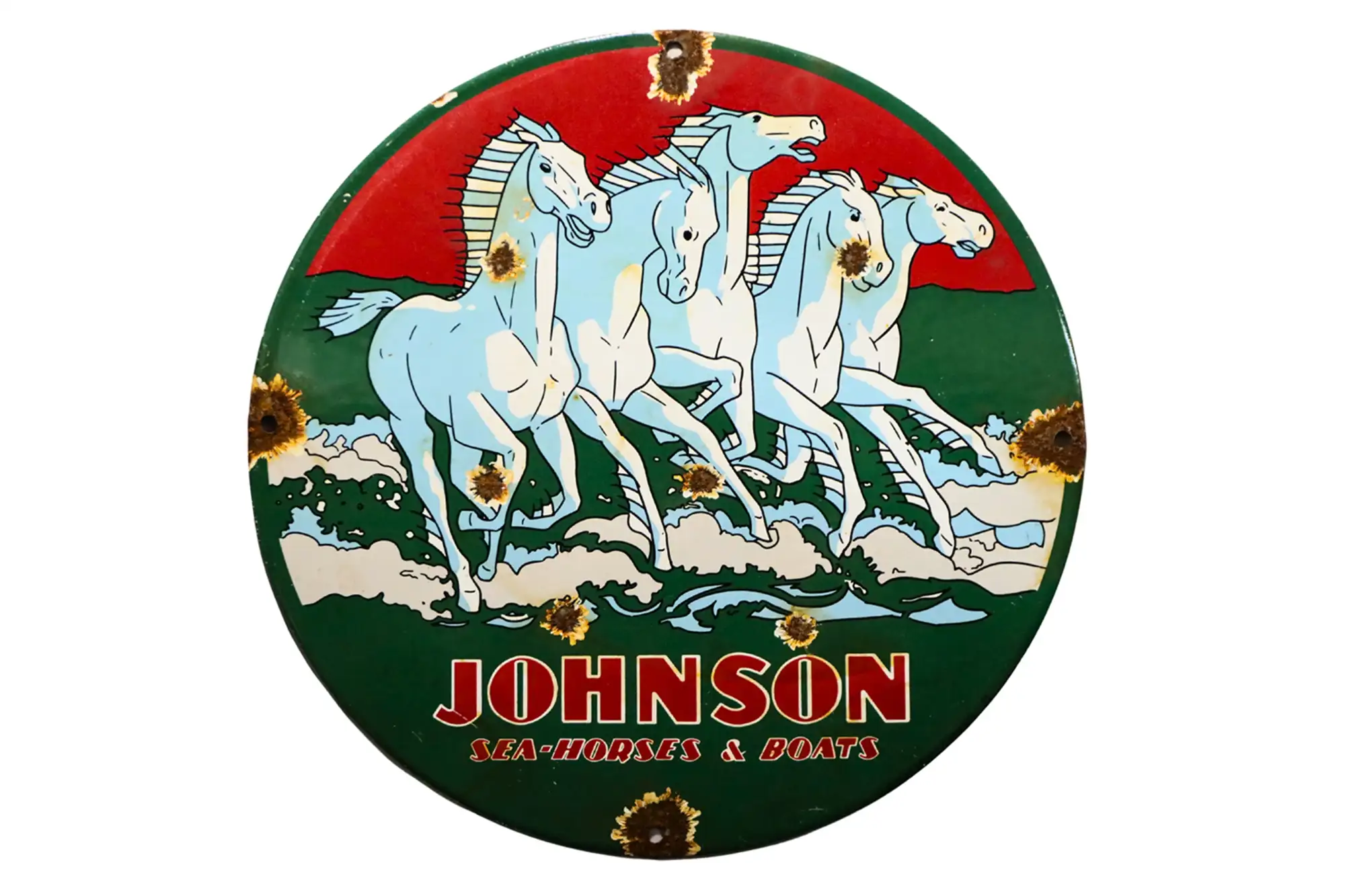 Johnson Sea-Horses & Boats Round Enamel Sign-For Sale