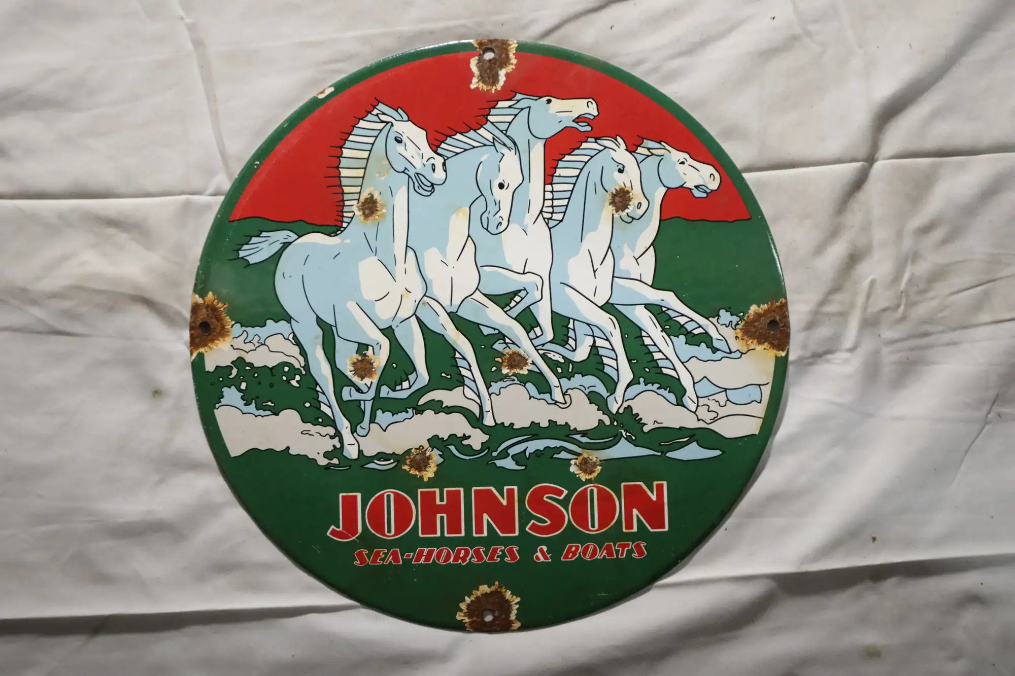 Johnson Sea-Horses & Boats Round Enamel Sign-For Sale